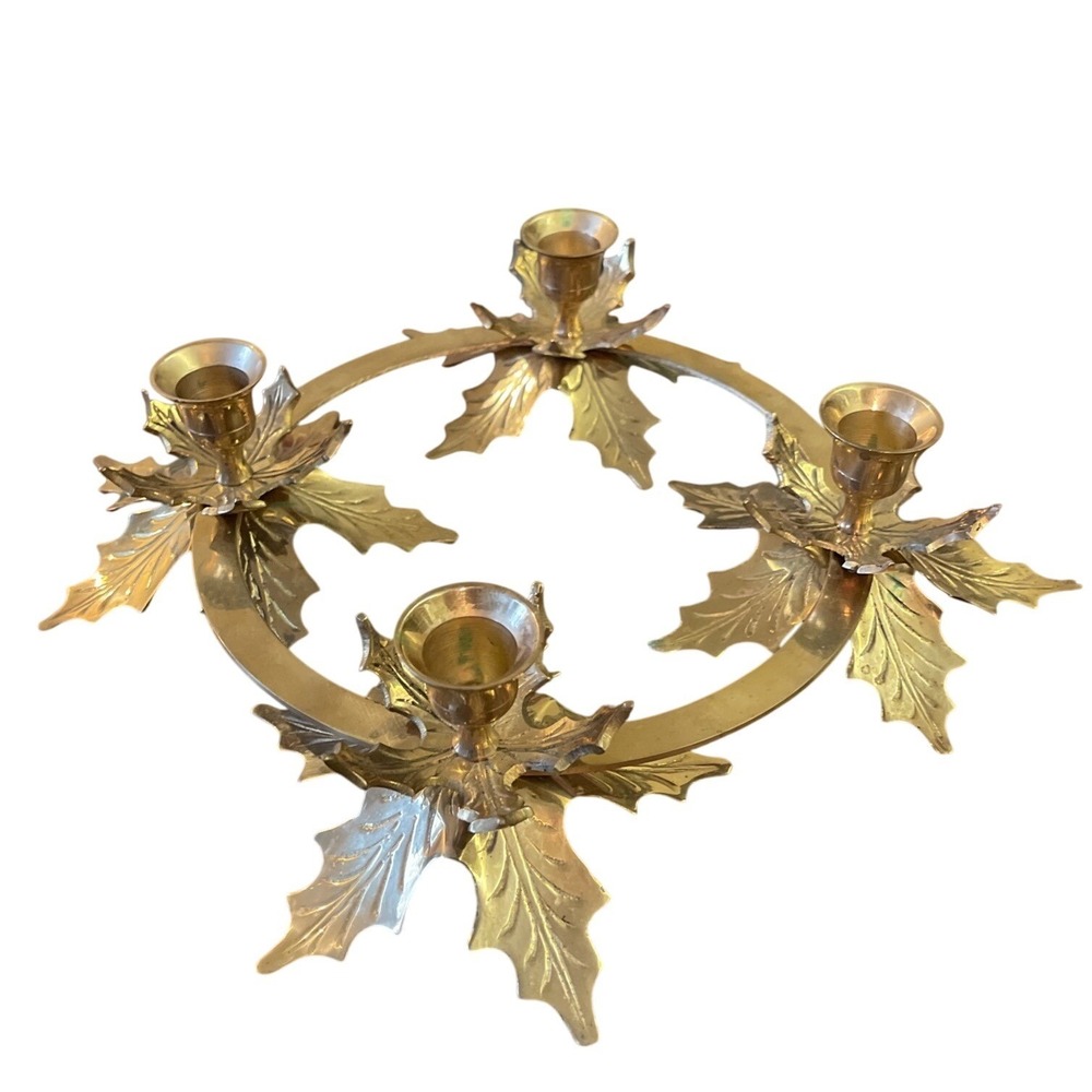 Vtg Solid Brass Poinsettia 14" Candle Stick Holder Ring‎ Christmas Classic